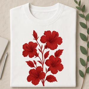 Red Hibiscus Flower T-Shirt: Tropical Botanical Print, Boho Cottagecore