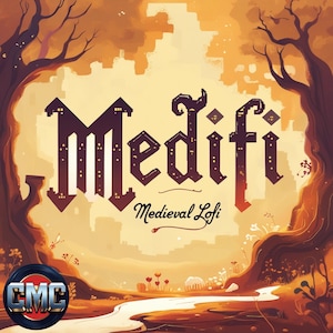 May include: Album cover art with the word "Medifi" in a medieval-style font. The words "Medieval Lofi" are below. The background is a warm, autumnal landscape with trees and a river. A logo is in the bottom left corner.