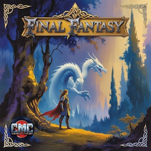 May include: Fantasy art featuring a warrior with a sword, a white dragon, and the text "FINAL FANTASY." The artwork has a forest and mountain backdrop with a blue and gold color scheme. The logo "CMC" is in the lower left corner.