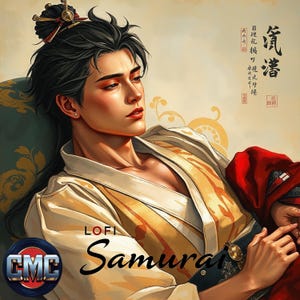 May include: Digital art of a person in traditional Japanese attire, with a cream-colored robe and a red outer garment. The image has the text "LOFI Samurai" and a logo in the bottom left corner. The background is a soft, warm color with Japanese calligraphy.