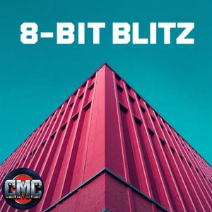 Puede incluir: Una vista en ángulo bajo de una esquina de un edificio rojo contra un cielo turquesa. El edificio tiene líneas verticales y pequeñas ventanas. El texto "8-BIT BLITZ" está en la parte superior y un logotipo en la esquina inferior izquierda.
