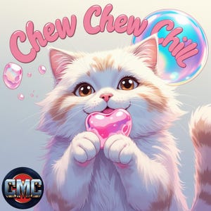 May include: An illustration of a fluffy white and tan cat holding a pink heart-shaped candy. The words "Chew Chew Chill" are written above the cat in pink bubble letters. A large bubble with the word "Chill" inside is on the right.