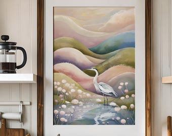 Blue heron wall art, digital download, kitchen wall art, dorm decor,nursery wall art, pastel poster, heron, chinoiserie, serene landscape