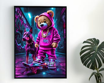 Neon hypebeast wall art,hypebeast poster,graffiti wall art, skateboard art,doberman poster, neon poster, streetwear poster,teddy bear poster
