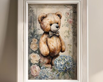 Teddy bear poster, vintage teddy bear wall art, nursery wall art, teddy bear nursery wall art, chinoiserie wall art, hydrangea wall art