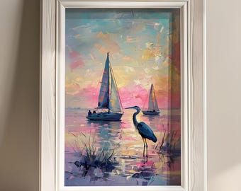 Blue heron wall art, sailboat wall art,Digital download, cloakroom wall art, coastal wall art,