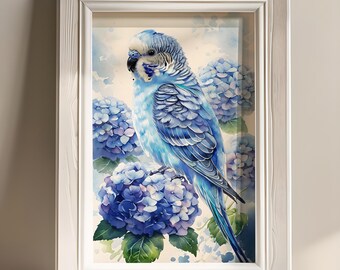 Floral bird artwork, budgie, digital download, blue hydrangea wall art, nursery wall art, cloakroom wall art, digital download, hydrangea