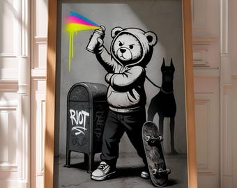 Neon hypebeast wall art,hypebeast poster,graffiti wall art, skateboard art,doberman poster, neon poster, streetwear poster,teddy bear poster