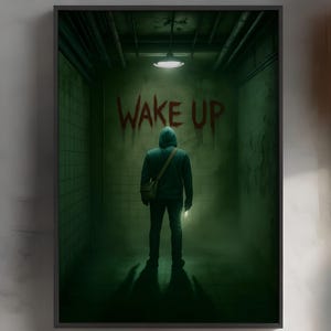 以下が含まれることがあります： 緑色のタイル張りの廊下で、懐中電灯を持っているフード付きジャケットを着た人物が描かれた額入りのプリント。 「WAKE UP」という言葉が人物の上に赤で書かれています。