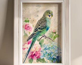 floral bird artwork, budgierigar wall art, watercolour hydrangea, bird lover gift, grand millenial art