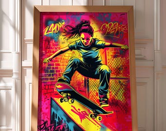 Skateboard poster , streetwear poster, neon hypebeast wall art, hypebeast poster, graffiti wall art, neon poster, gift for sneakerhead