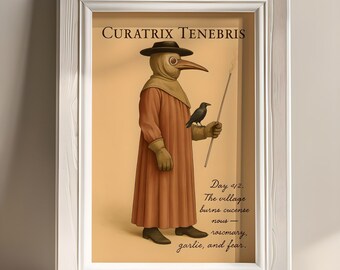 Female Plague Doctor Poster, Pink Plague Doctor Art, Historical wall decor, Gothic Home Decor, Academia print, Witchcraft, Raven wall art