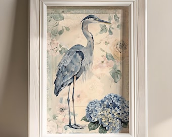 Blue heron wall art, floral bird artwork, chinoiserie wall art, heron wall art, cloakroom wall art, chinoiserie blue botanische wandkunst