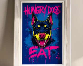 Neon doberman wall art,hypebeast poster,graffiti wall art, popart, doberman poster, neon poster, streetwear poster, dog popart,