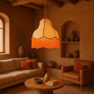 Orange Fringe Pendant Light Linen Shade Retro Ceiling Lighting, Pendant Lighting For Kitchen Island, Hanging Lamp, Handmade Fabric Lampshade