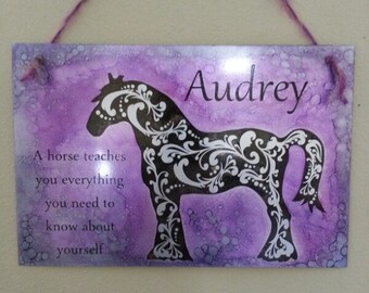 Etched metal filigree horse name sign with quote and your choice of color