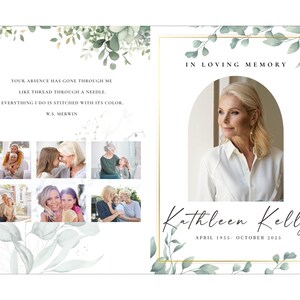 Op de afbeelding: Een herdenkingskaart met een foto van een vrouw, omlijst door een gouden rand en bloemaccenten. De tekst luidt "In Loving Memory" en bevat de naam "Kathleen Kelly" en de data "April 1955 - Oktober 2025". De kaart bevat ook een gedicht en familiefoto's.