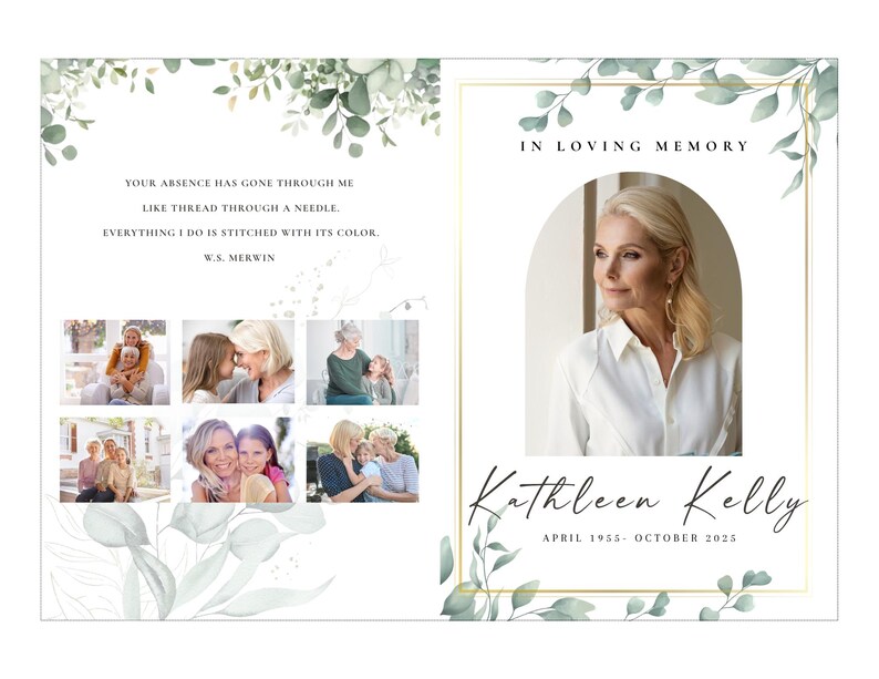 Op de afbeelding: Een herdenkingskaart met een foto van een vrouw, omlijst door een gouden rand en bloemaccenten. De tekst luidt "In Loving Memory" en bevat de naam "Kathleen Kelly" en de data "April 1955 - Oktober 2025". De kaart bevat ook een gedicht en familiefoto's.