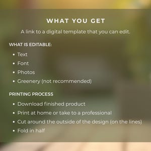 Op de afbeelding: Een digitale sjabloon met opties voor het bewerken van tekst, lettertype en foto's. De afbeelding bevat instructies voor het downloaden, afdrukken, knippen en vouwen van het eindproduct. De tekst op de afbeelding luidt "WHAT YOU GET" en "PRINTING PROCESS".