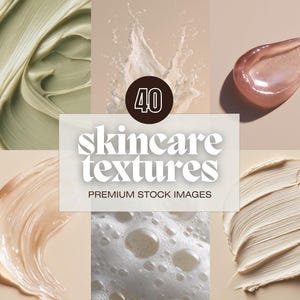 May include: A collection of skincare textures, featuring a green mask, a liquid splash, a shimmering gel, and creamy swirls. The image includes the text "40 skincare textures" and "Premium Stock Images".