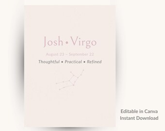 Virgo Zodiac Print, Personalised Star Sign Constellation Wall Art, Minimal Astrology Gift, Instant Download