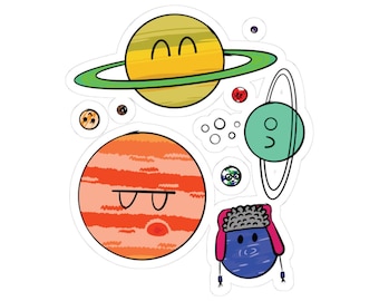 Cute Planet Digital Art Sticker Collection - Solar System Print Kiss Cut Stickers - Adorable Planetary Drawing Print - (Vivid)