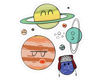Cute Planet Digital Art Sticker Collection - Solar System Print Kiss Cut Stickers - Adorable Planetary Drawing Print - (Standard)