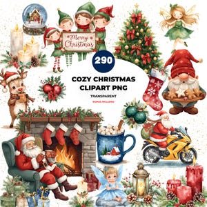 Lot de cliparts aquarelle de Noël – 290 images PNG, 300 ppp | Illustrations chaleureuses des Fêtes + modèles bonus