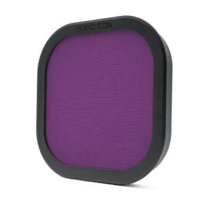 May include: A square, purple filter with a black frame. The text "AUDIO ICON" is printed in white on the top of the frame. The filter has rounded corners and a textured surface.