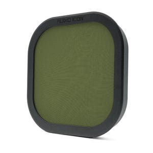 May include: A square, olive-green audio filter with a black frame. The text "AUDIO ICON" is printed in white on the top edge of the frame. The filter has rounded corners and a textured surface.