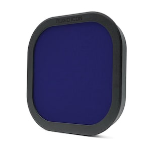 May include: A square, dark gray audio filter with rounded corners. The center is a deep blue fabric. The words "AUDIO ICON" are printed in white at the top of the frame.