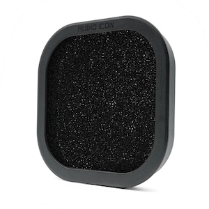 May include: A square, dark gray audio filter with a black, textured interior. The words "AUDIO ICON" are printed in white on the top edge of the frame. The filter is designed to reduce noise.