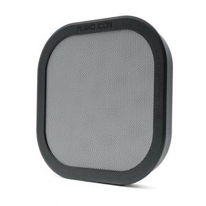 May include: A square, black speaker grill with rounded corners. The center is a fine, gray mesh. The words "AUDIO ICON" are printed in white at the top. The speaker grill is designed for audio equipment.