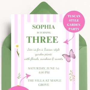 Invitación de tercer cumpleaños para niña, temática de picnic en un jardín toscano, tarjeta de fiesta con flores de limón rosa, invitación de cumpleaños de verano con mariposas, Canva editable