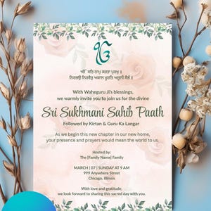 Invitation Sukhmani Sahib, invitation modifiable pour le chemin d'Akhand, invitation numérique, invitation de pendaison de crémaillère punjabi, carte imprimable du chemin de Sehaj