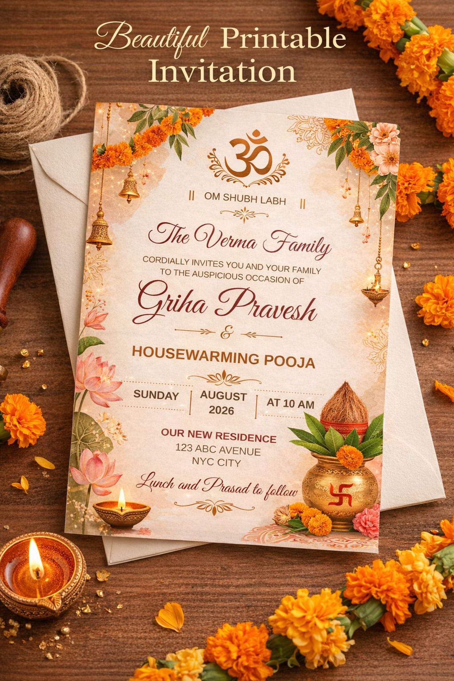 Griha Pravesh Invitation Template | Hindu Housewarming Pooja Invite ...