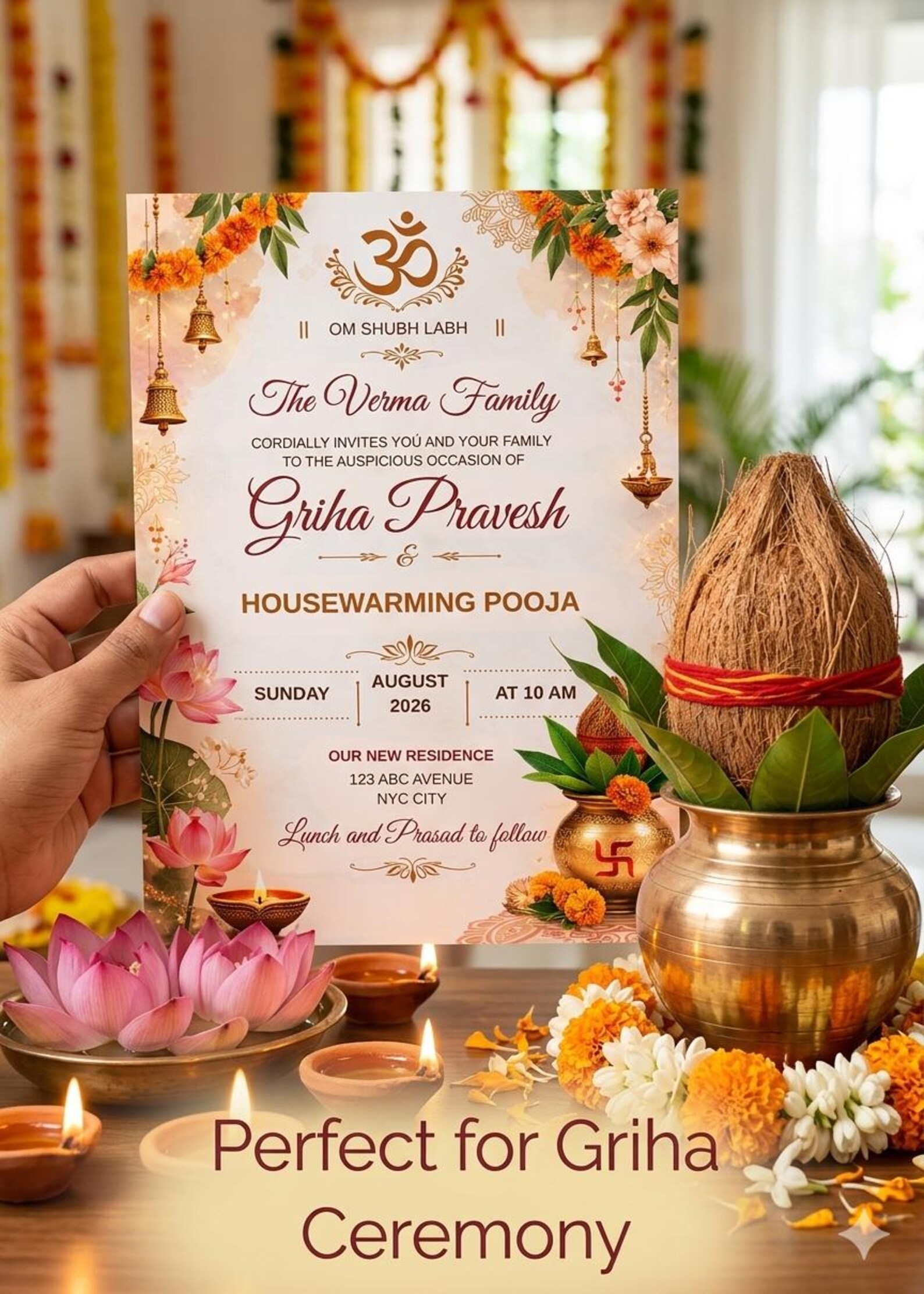 Griha Pravesh Invitation Template | Hindu Housewarming Pooja Invite ...