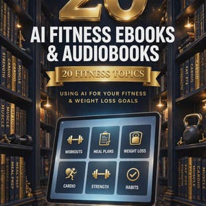 Puede incluir: Un gráfico digital con el texto 20 AI FITNESS EBOOKS & AUDIOBOOKS y 20 FITNESS TOPICS. Una tableta muestra seis iconos para entrenamientos, planes de comidas, pérdida de peso, cardio, fuerza y hábitos. Un libro abierto está debajo.