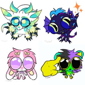 May include: Four cartoon creatures with large eyes and unique designs. One is white with blue and yellow accents, another is dark blue with purple and orange details, a third is pink with purple eyes, and the last is green and purple.