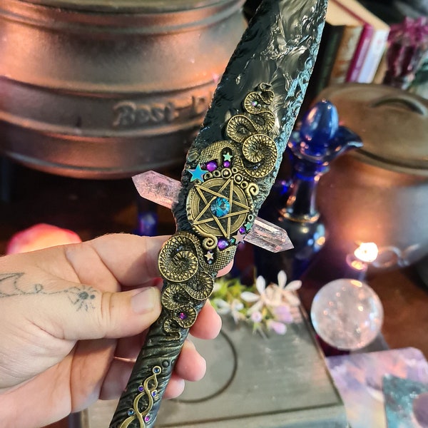 Sea Serpents ATHAME ~ with Obsidian blade, Amethyst, black Sunstone, Swarovski, Aura Hematite stars and Fluorite fin.