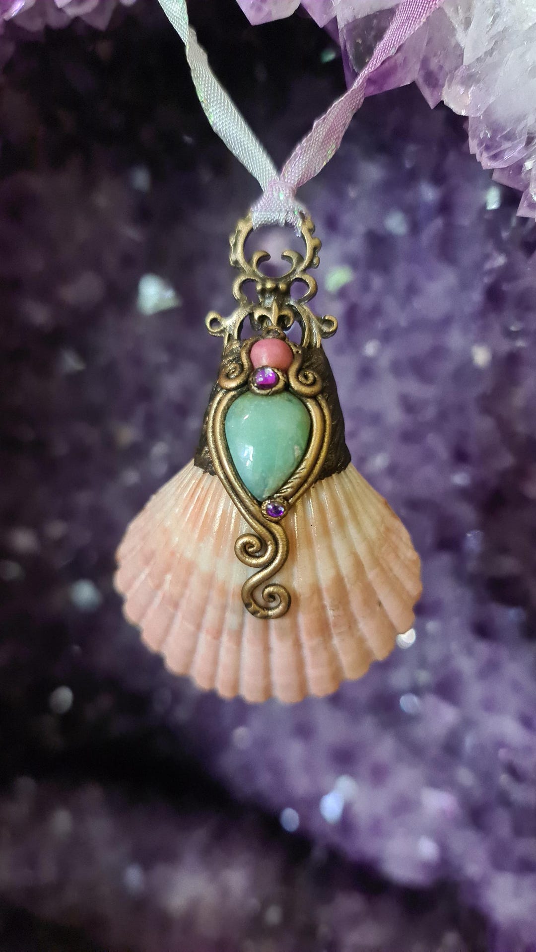 Talimanok Shell Luminous Sea ~ Shell Talisman With Chrysophrase, Rhodonite and Natural ...