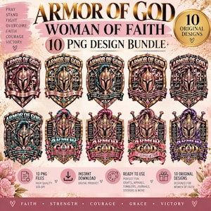 Guds rustning, kvinna av tro, PNG-paket, 10 kristna skölddesigner, sublimering av troskrigare, kristen t-shirtgrafik