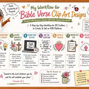 Può includere: Un'infografica incorniciata intitolata "My Workflow for Bible Verse Clip Art Designs". Presenta una guida passo passo per gli artigiani fai-da-te, con illustrazioni e testo. La guida include passaggi come il brainstorming, la progettazione di clip art e la condivisione di progetti.