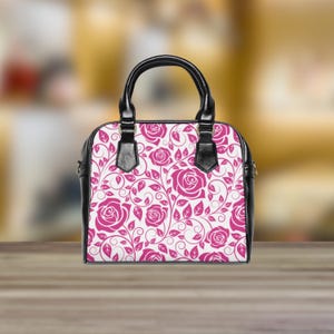 Pink Rose Shoulder Handbag, Floral Bag, Women&#39;s Purse, Handbag with Flower Design, Pink Rose Pattern Handbag