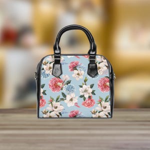 花柄ハンドバッグ、ピンク、ブルー、ホワイトの花柄、春のトレンドハンドバッグ、レディースファッションアクセサリー、かわいいショルダーバッグ