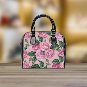 Pink Watercolor Rose Shoulder Handbag, Floral Purse, Handbag with Rose Pattern, Women&#39;s Fashion Accessory, Gift for Her