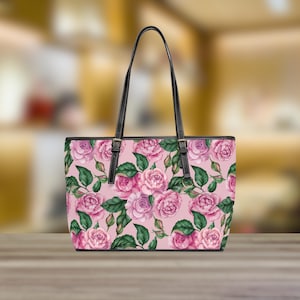Rose Patterned PU Leather Shoulder Bag, Floral Handbag, Pink Watercolor Purse, Fashion Accessory, Gift for Her, Women&#39;s Tote Bag
