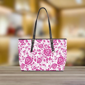 Rose Pattern PU Leather Shoulder Bag, Floral bag, Purse with Pink Roses, Women&#39;s Fashion Tote, Elegant Flower Print Bag