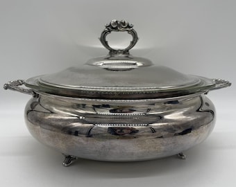Vtg English Silver MFG Corp Silverplate Serving Dish & Pyrex Insert Made in USA