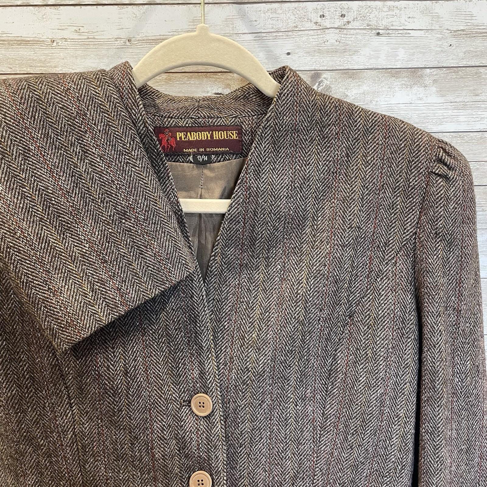 Vintage Peabody House Womens 13/14 Blazer Herringbone Brown Wool 